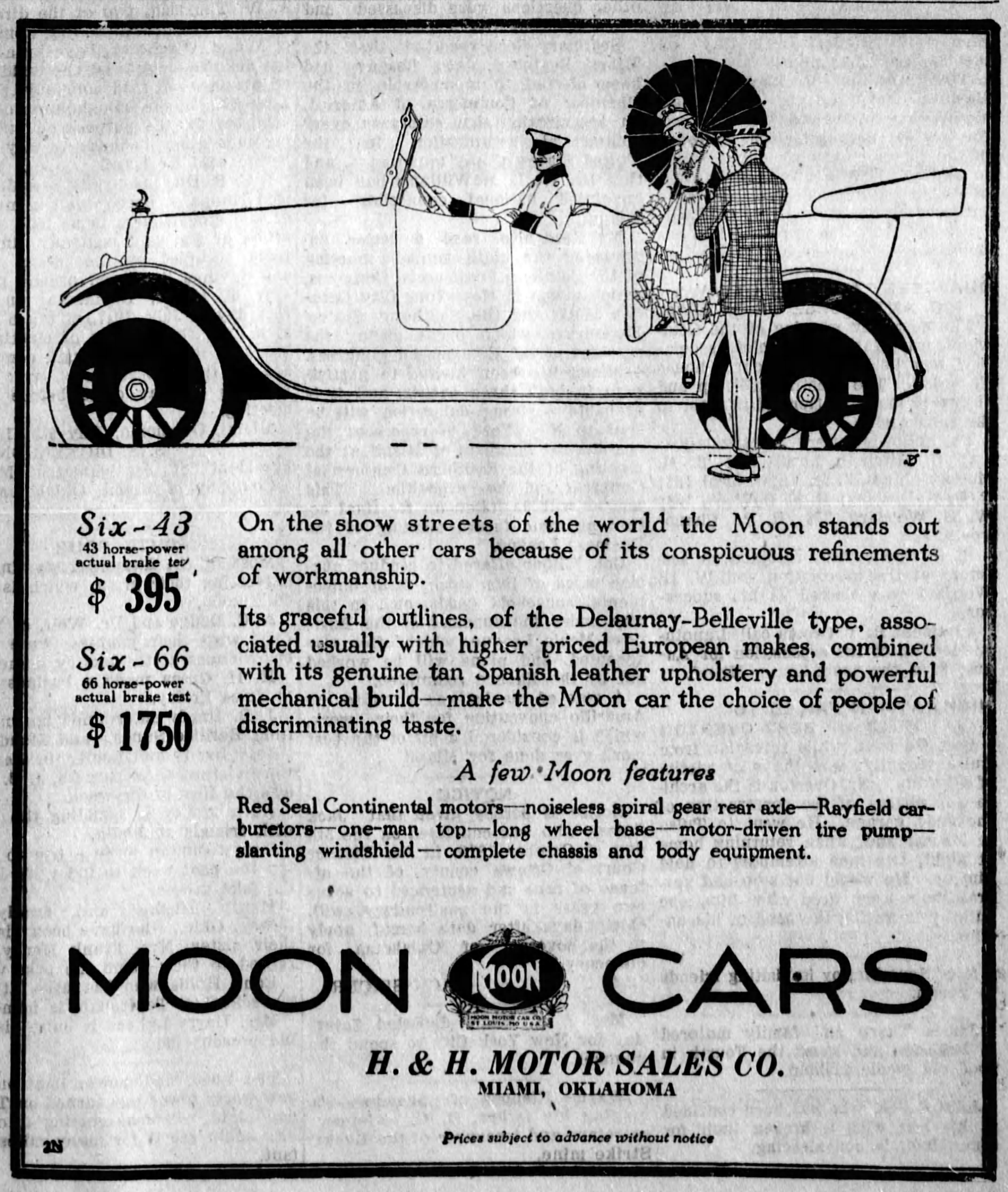 moon_cars_h_and_h_motor_sales_ad_Jul_6__1917_ Miami, Oklahoma History